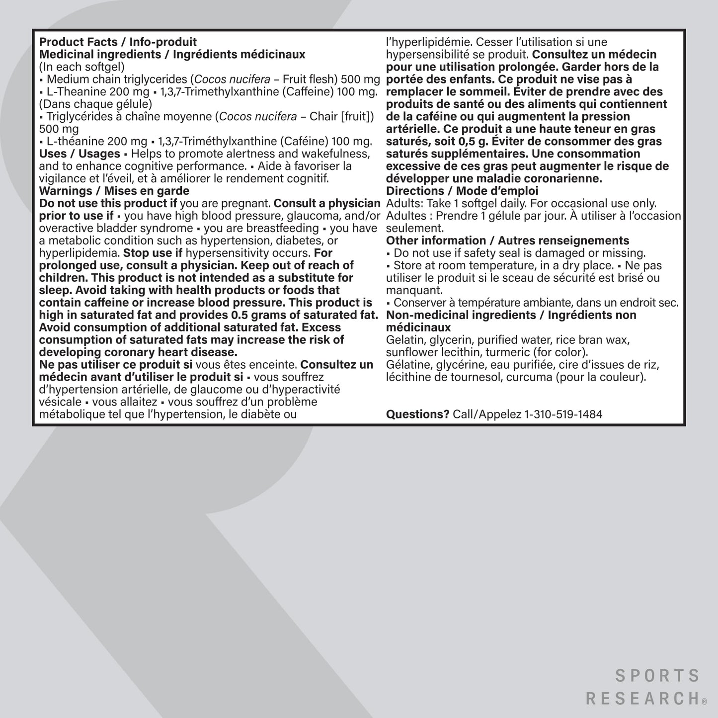 Sports Research® 2-in-1 L-Theanine Supplement with Caffeine & MCT Oil from Organic Coconuts - Focused Energy, Alertness & Relaxation Without Drowsiness - 200mg L Theanine, 100mg Caffeine - 60 Softgels - Available at All In One Marketplace Canada