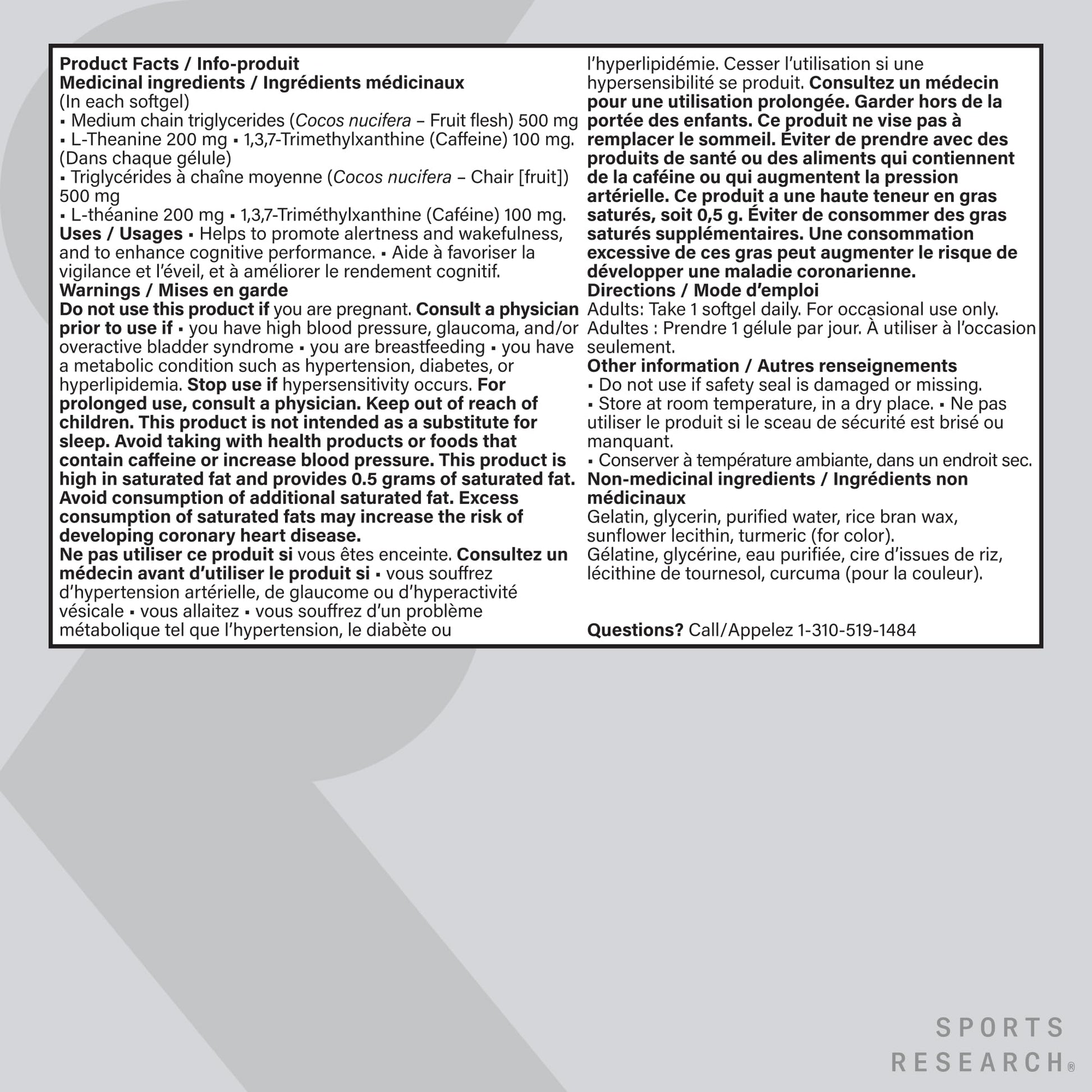 Sports Research® 2-in-1 L-Theanine Supplement with Caffeine & MCT Oil from Organic Coconuts - Focused Energy, Alertness & Relaxation Without Drowsiness - 200mg L Theanine, 100mg Caffeine - 60 Softgels - Available at All In One Marketplace Canada
