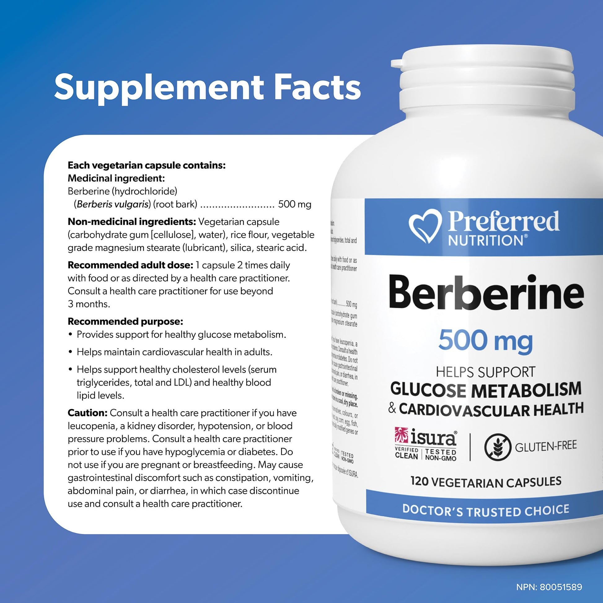 Preferred Nutrition Berberine MAXIMUM POTENCY 1000 mg per Serving (2 caps, 500 mg each), 120 Vegetarian Capsules = 60 Day Supply, Berberine Supplements, Canadian Company - Available at All In One Marketplace Canada