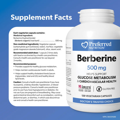 Preferred Nutrition Berberine MAXIMUM POTENCY 1000 mg per Serving (2 caps, 500 mg each), 120 Vegetarian Capsules = 60 Day Supply, Berberine Supplements, Canadian Company - Available at All In One Marketplace Canada