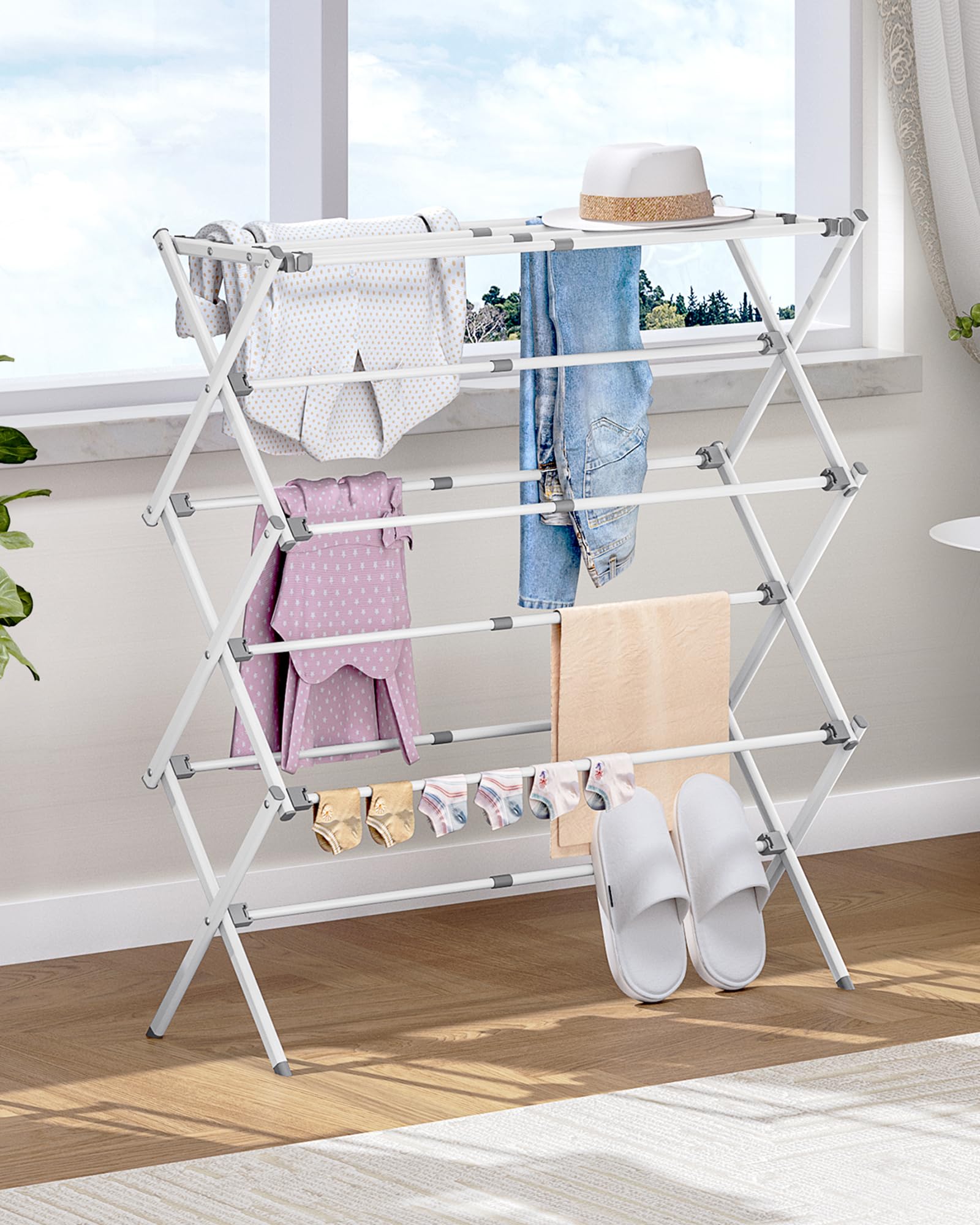 APEXCHASER Clothes Drying Rack, Expandable Drying Rack Clothes, Collapsible 3 Tiers Foldable Laundry Rack Indoor, for Baby Clothe Towels Bibs, White, 37.6inch - Available at All In One Marketplace Canada