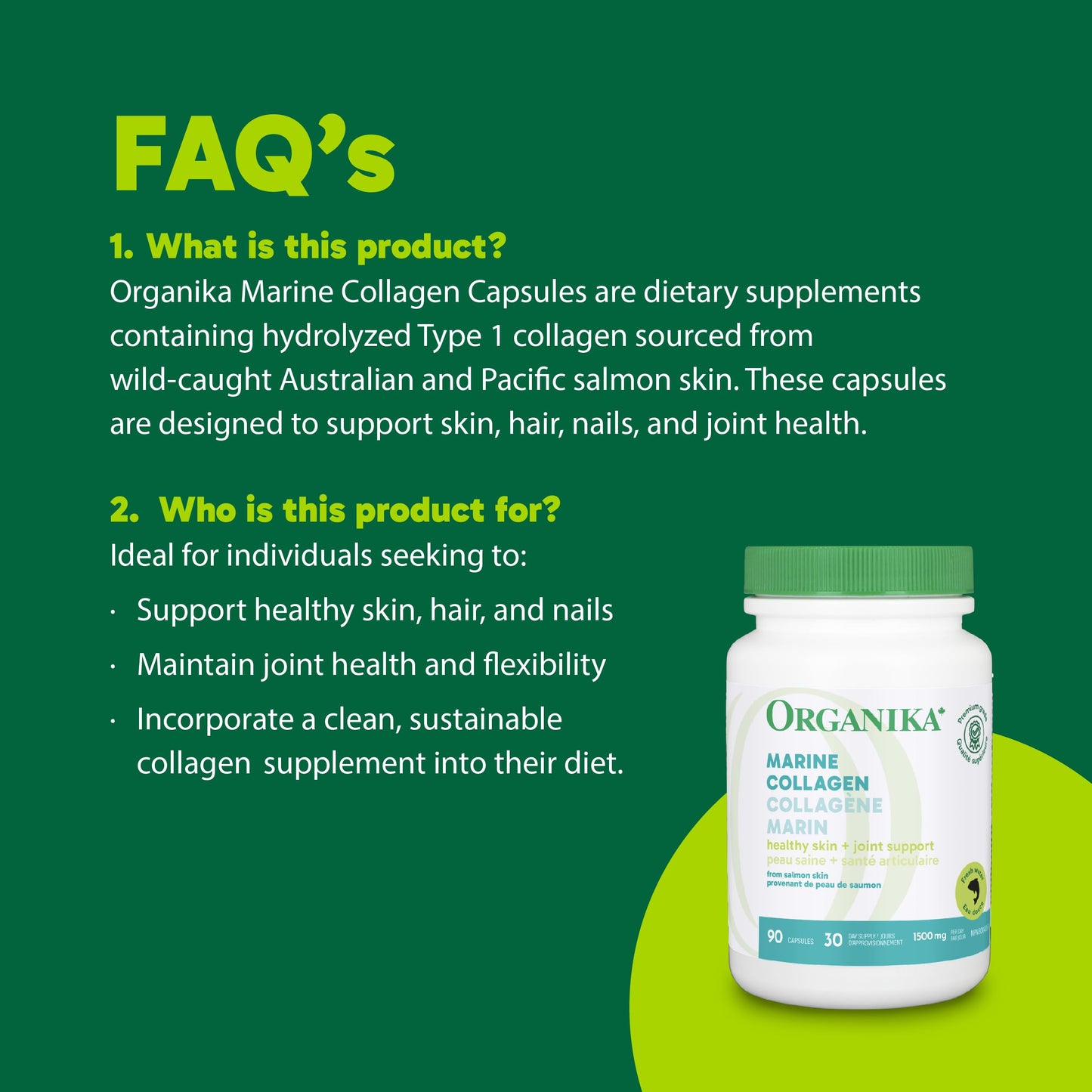 Organika Canadian-Made Marine Collagen Capsules - Salmon Collagen Peptides- Skin, Hair, and Nail Support - Premium Sourcing - 90 caps 🍁 All In One Marketplace Canada