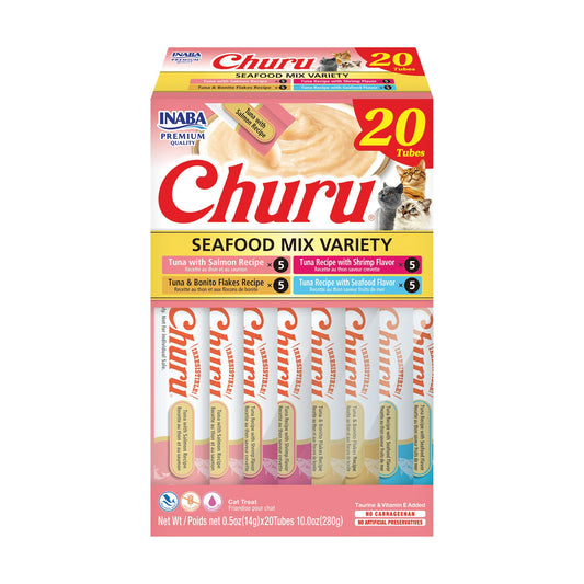 INABA Churu Cat Treats, Lickable, Squeezable Creamy Purée Cat Treat with Green Tea Extract & Taurine, 14 Grams Each Tube, 20 Tubes, Seafood Variety Box