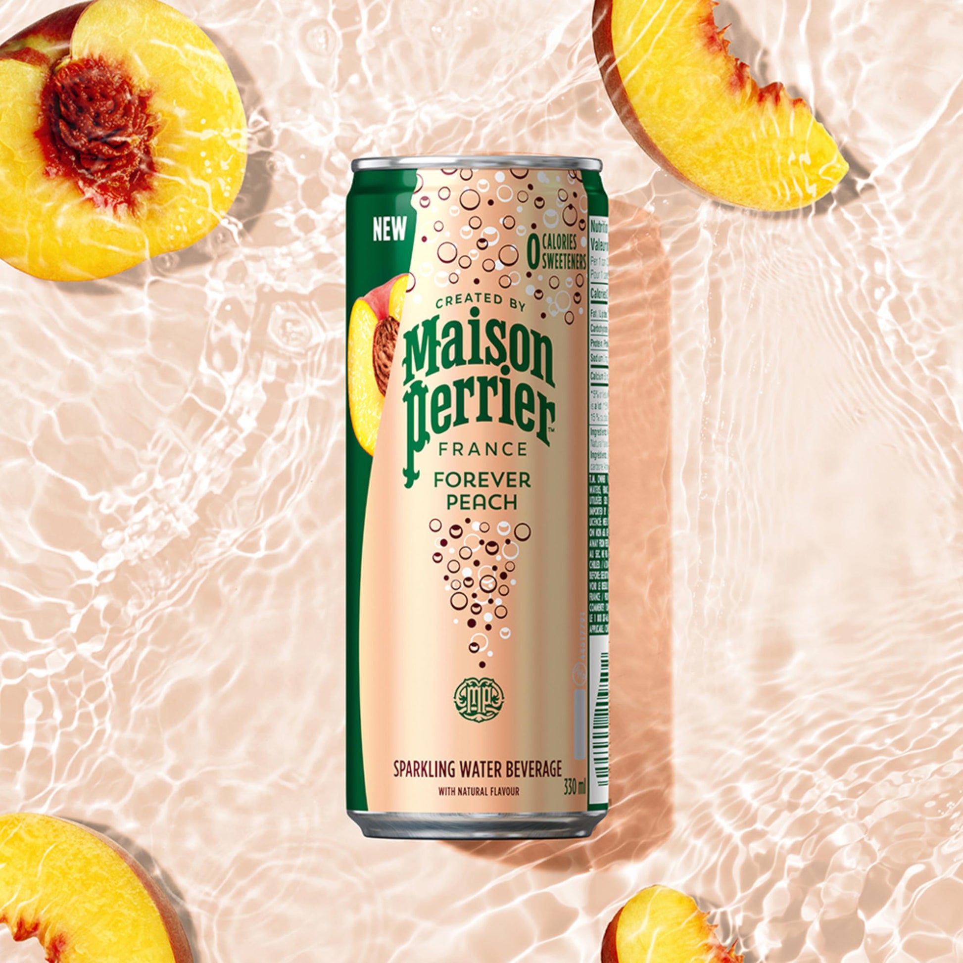 Maison Perrier Forever Peach Sparkling Water – Natural Peach Flavor, Zero Calories, 24 x 330ml Cans