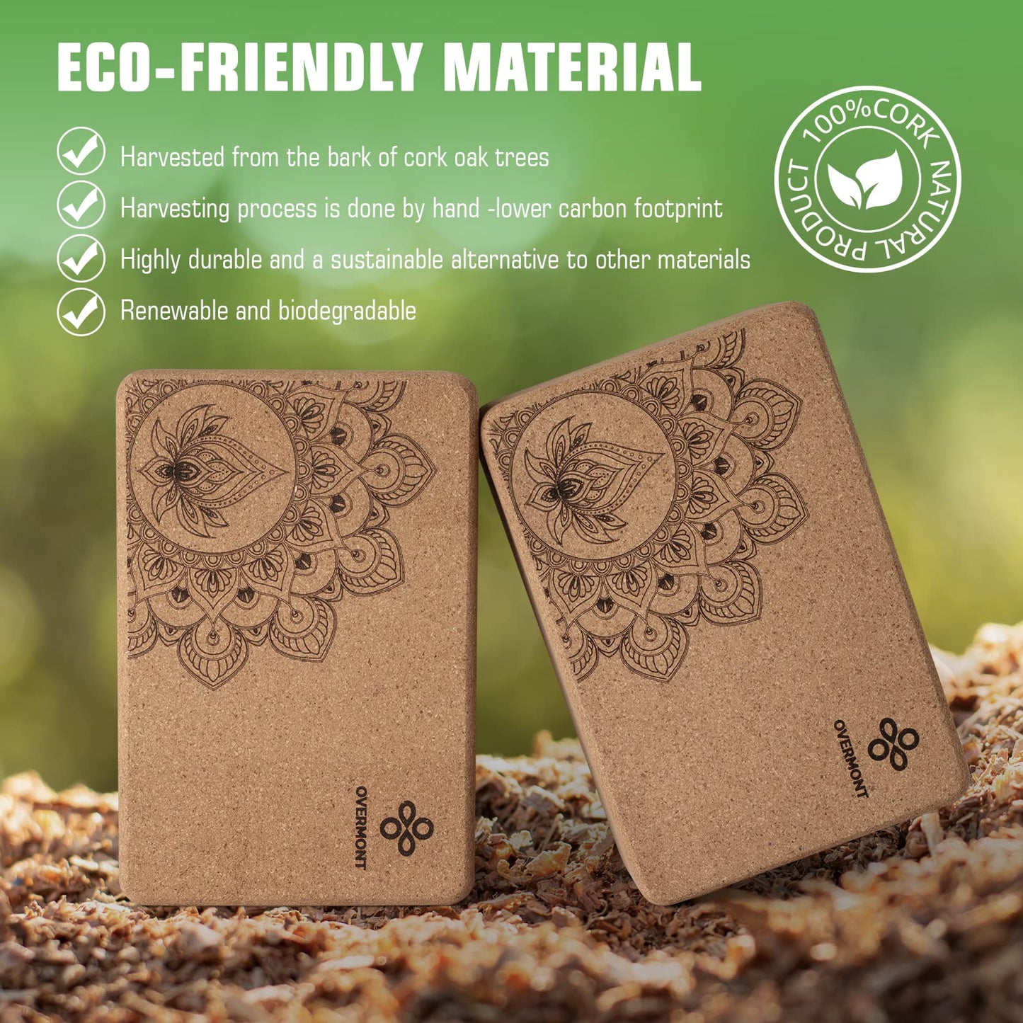 Overmont Cork Yoga Blocks 2 pack with Strap Set Natural Cork Yoga Bricks- High Density & Non-Slip Yoga Accessories for Women - Ideal for Yoga Pilates Fitness and Stretching 9x6x3'' OVERMONT