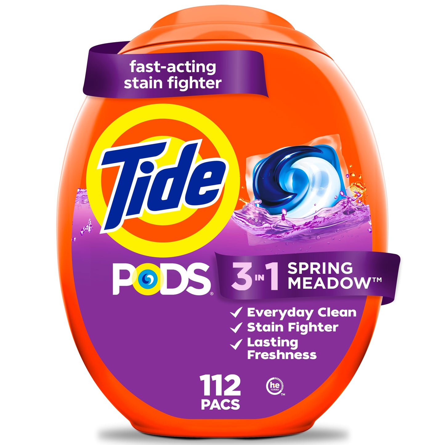 Tide PODS laundry detergent pacs, 3-in-1 Stain Remover, Odor Fighter, Color Protector, HE compatible, Spring Meadow Scent, 112 Count