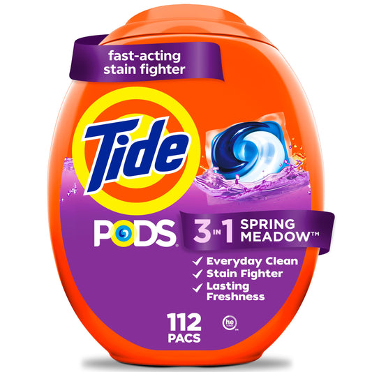 Tide PODS laundry detergent pacs, 3-in-1 Stain Remover, Odor Fighter, Color Protector, HE compatible, Spring Meadow Scent, 112 Count