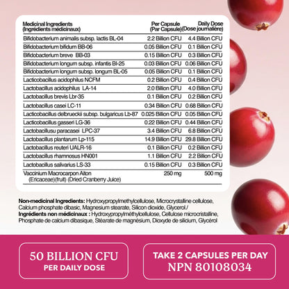 Womens Probiotic with Cranberry | 50 Billion CFU for Gut Health, Bloating Relief & Digestive Support | With Cranberry for Vaginal Health | Gut Health Supplements for Women | Made in Canada | 60 Ct.