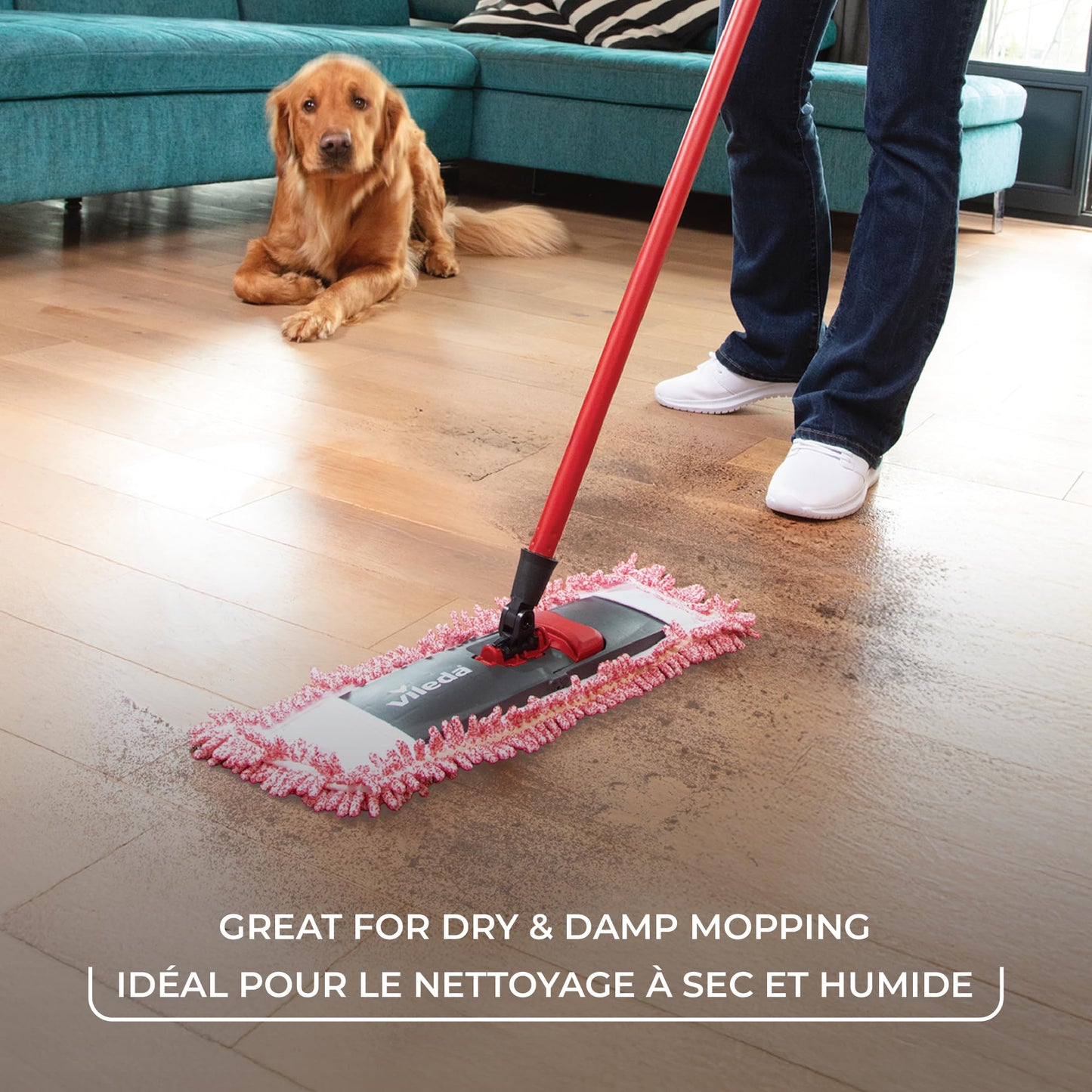 Vileda Pet Pro Microfiber Hair & Dust Mop | Flat dust mop | Three times more pet hair removal | Extra large trapezoid mop head | 100% Microfiber | Multi surface dry usage | Reusable & machine washable Vileda