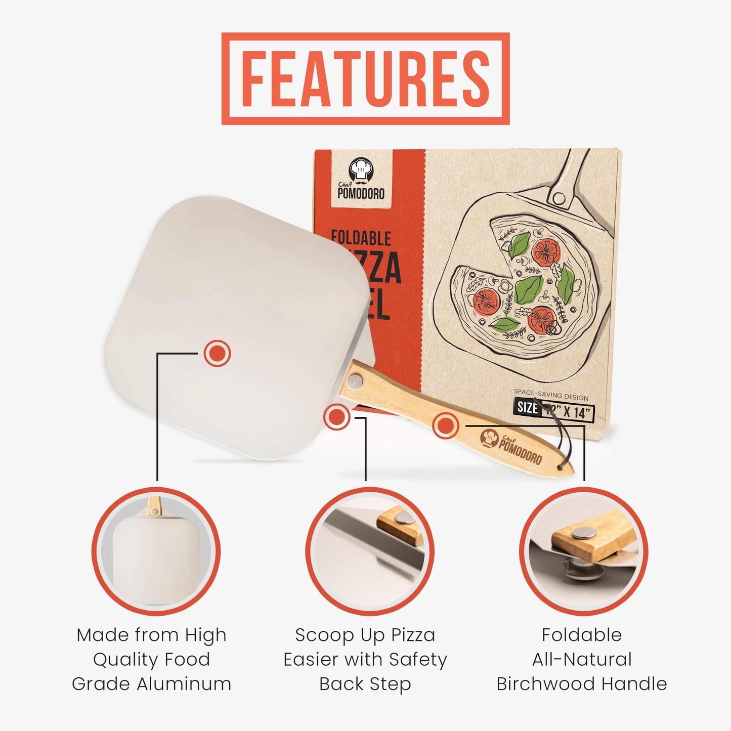 Chef Pomodoro Aluminum Metal Pizza Peel with Foldable Wood Handle for Easy Storage 12-Inch x 14-Inch, Gourmet Luxury Pizza Paddle for Baking Homemade Pizza Bread - Available at All In One Marketplace Canada