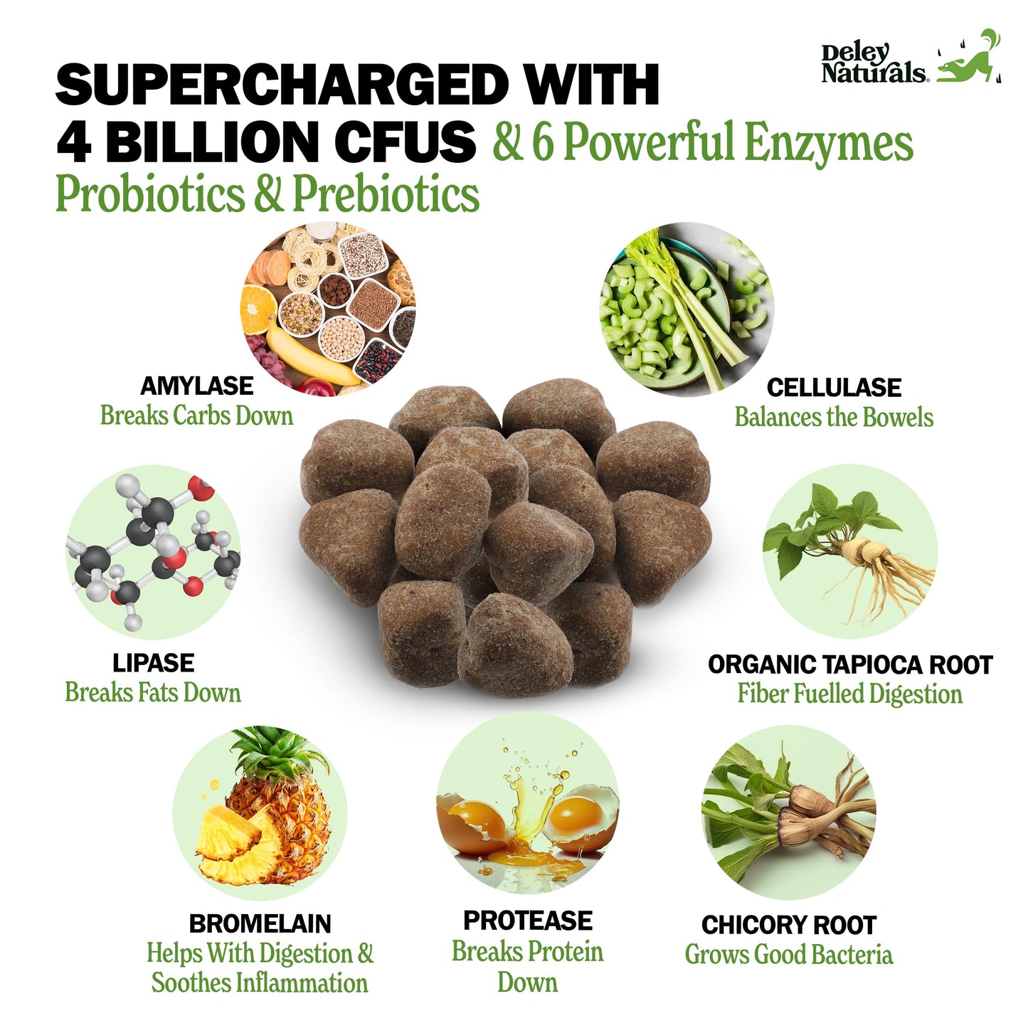 Deley Naturals Probiotics for Dogs - Dog Probiotics Chewable with 6 Digestive Enzymes & 4 Billion CFUs - Probiotic Chews for Dogs Gut Health Diarrhea & Digestion - Digestive Balance Dog Supplements