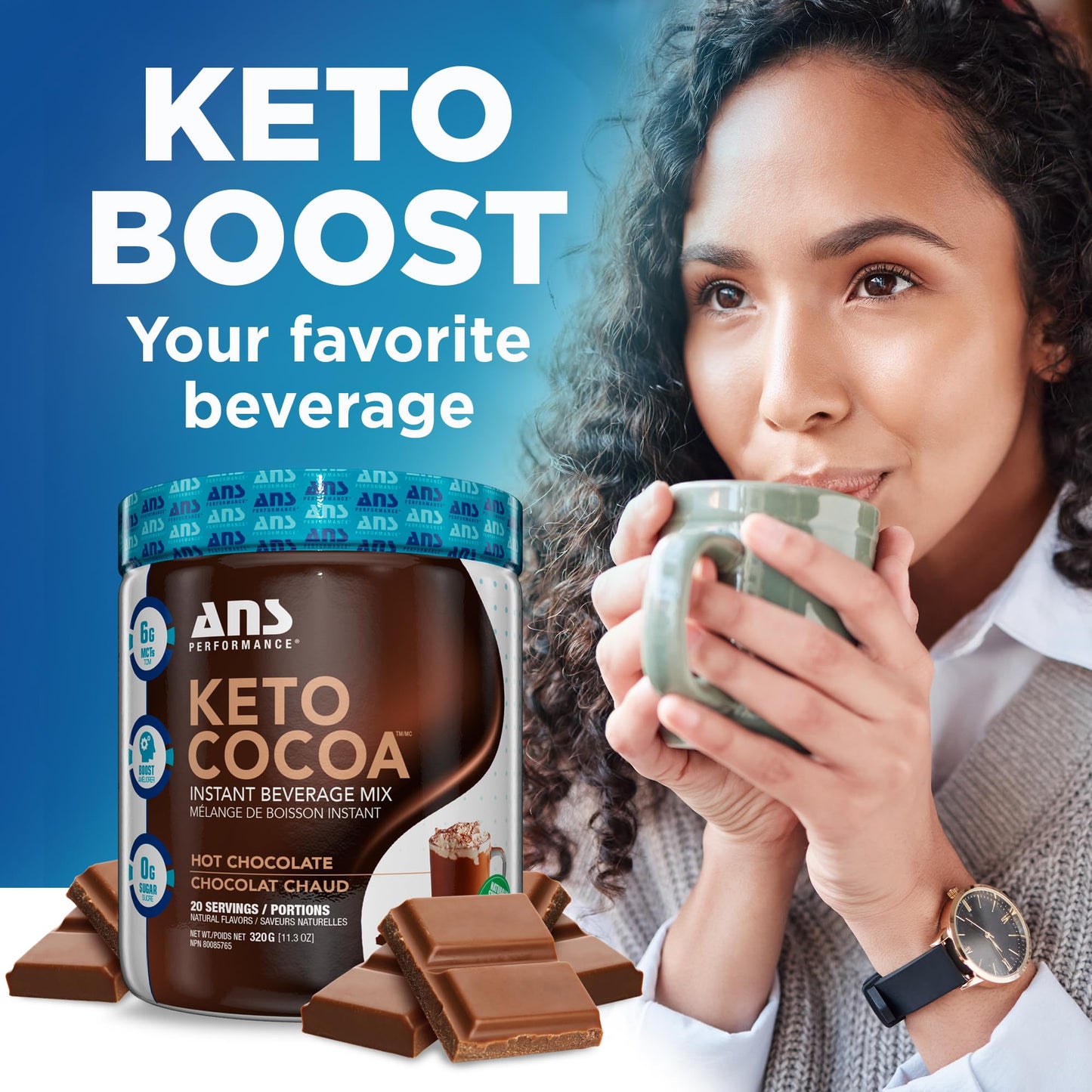 ANS Performance Keto Cocoa - Natural Sweetener Instant Hot Chocolate Mix - Low Carb, No Added Sugar - Gluten Free Keto Cocoa Powder - MCT Oil Blend - 20 Servings, 11.3 oz