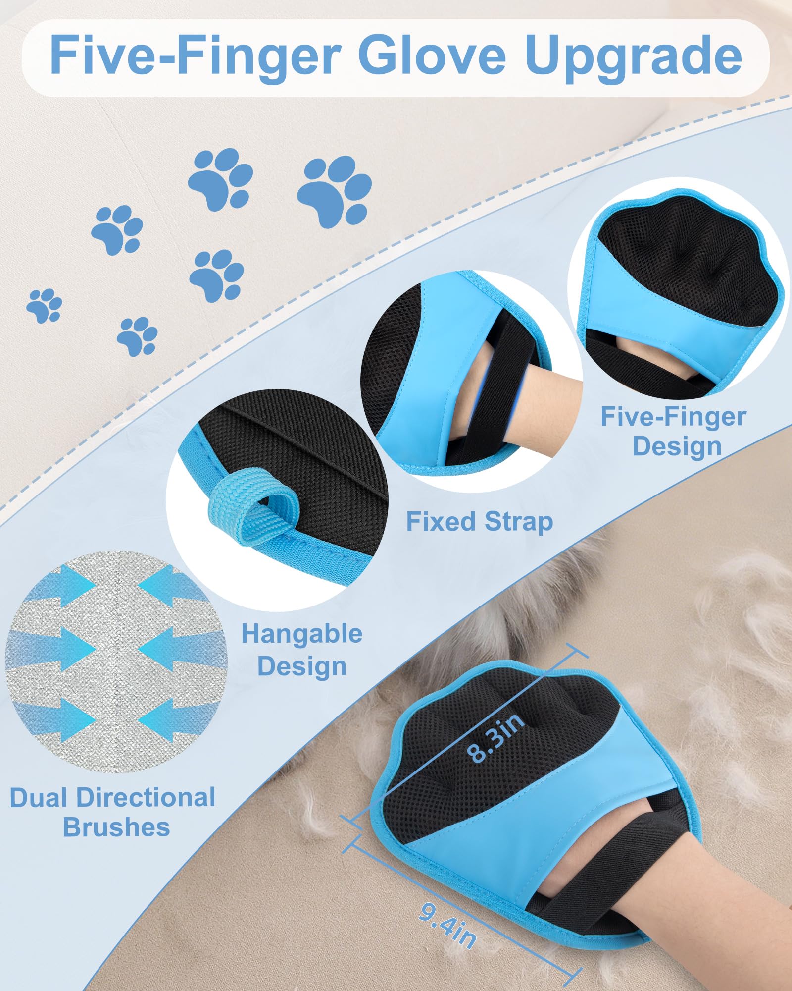 Upgraded Pet Hair Removal Glove, 2 Pair Five-Finger Electrostatic Pet Hair Removal Glove for Cats & Dogs, Reusable Magic Brush for Laundry, Couch, Carpet, Car Seat, Pet Hair Remover Tool (Blue)
