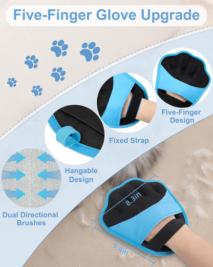 Upgraded Pet Hair Removal Glove, 2 Pair Five-Finger Electrostatic Pet Hair Removal Glove for Cats & Dogs, Reusable Magic Brush for Laundry, Couch, Carpet, Car Seat, Pet Hair Remover Tool (Blue)