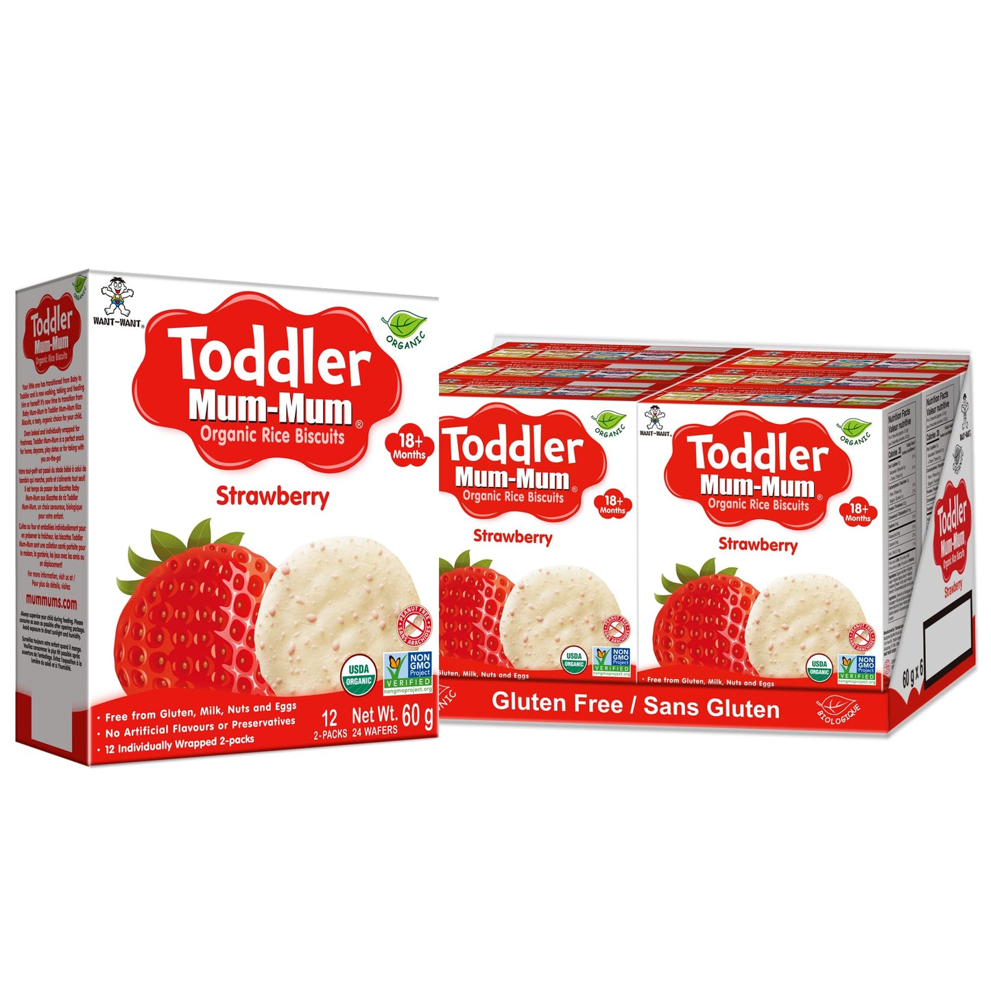Want-Want Toddler Mum-Mum Rice Rusks, Strawberry, Gluten Free, Allergen Free, Non-GMO, Rice Teether Cookie for Teething Infants, 60gms, 24 Rusks per box - Case pack of 6 Want Want