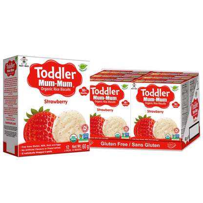 Want-Want Toddler Mum-Mum Rice Rusks, Strawberry, Gluten Free, Allergen Free, Non-GMO, Rice Teether Cookie for Teething Infants, 60gms, 24 Rusks per box - Case pack of 6 Want Want