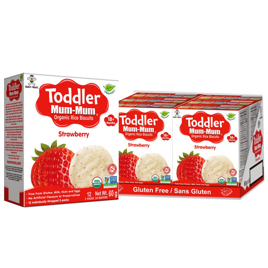 Want-Want Toddler Mum-Mum Rice Rusks, Strawberry, Gluten Free, Allergen Free, Non-GMO, Rice Teether Cookie for Teething Infants, 60gms, 24 Rusks per box - Case pack of 6 Want Want
