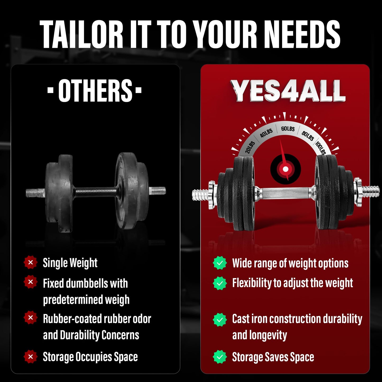 Yes4All Adjustable Cast Iron Dumbbell Set with Connector, 40 lb Combo, Black, Converts to Barbell for Home Gym Yes4All