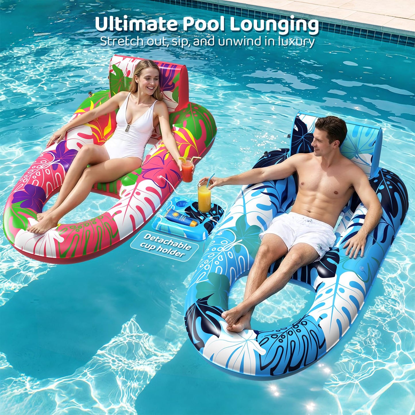 SEETOHOME 2 Pack Pool Floaties for Adults, Heavy Duty Inflatable Pool Lounger Floating Adult with Detachable Cup Holders & Backrest, Adult Pool Float Lounger for Beaches, Lakes, Rivers, Parties