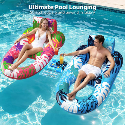 SEETOHOME 2 Pack Pool Floaties for Adults, Heavy Duty Inflatable Pool Lounger Floating Adult with Detachable Cup Holders & Backrest, Adult Pool Float Lounger for Beaches, Lakes, Rivers, Parties