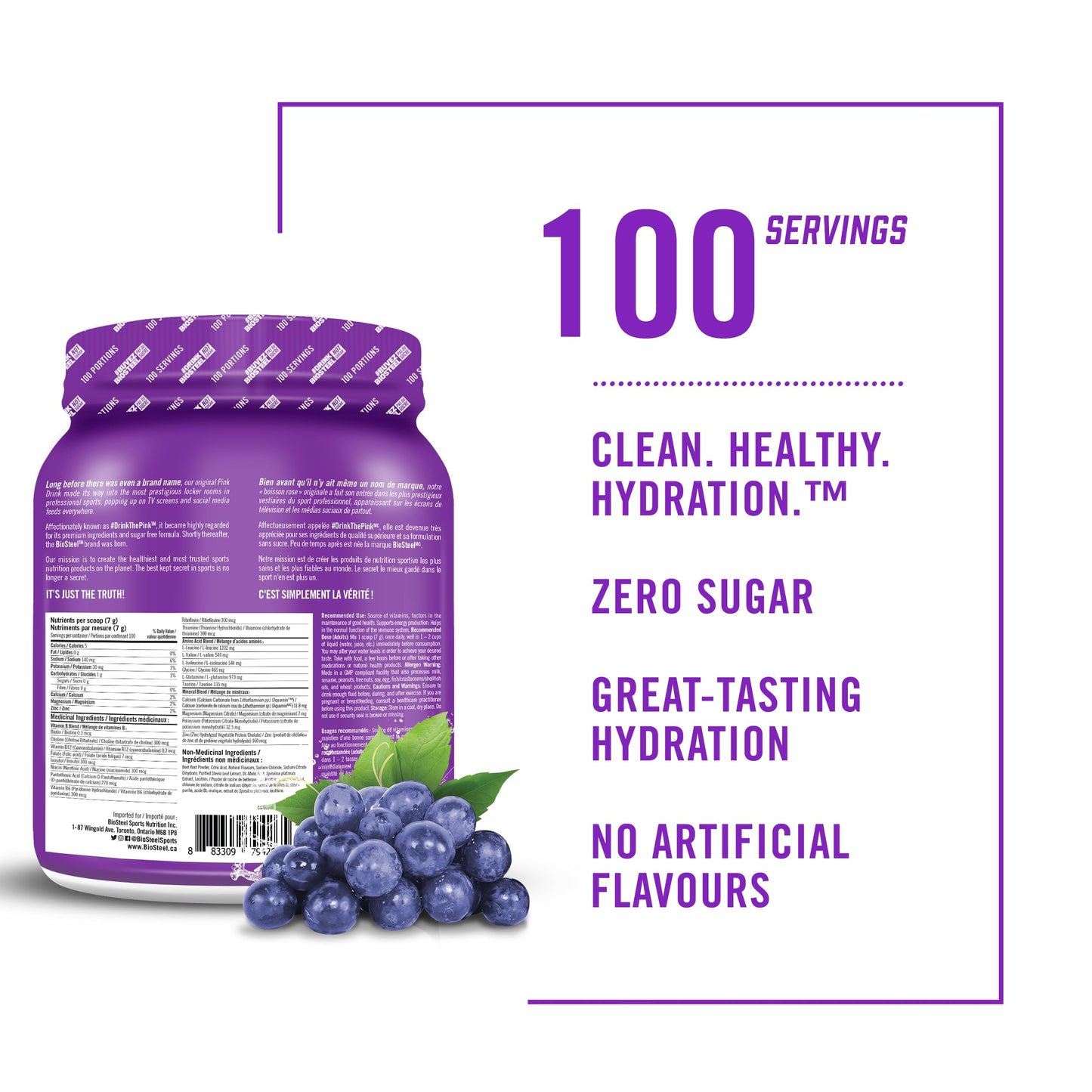 BioSteel Electrolyte Hydration Mix Powder, Zero Sugar, No Artificial Flavours, Grape, 100 Serving Container - Available at All In One Marketplace Canada