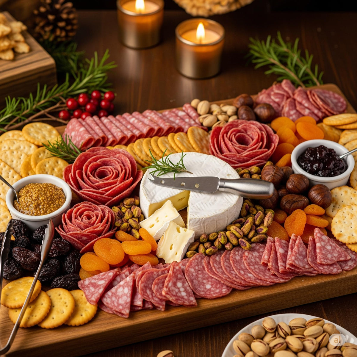 Deluxe Charcuterie & Cheese Gift Basket. Inside this beautiful box you will find: European Inspired Artisanal Salami and Merlot Salami, Creamy Danish Brie, Black Olive Pate, Wine Infused Jam, Mixed Nuts, Almonds, Figs, Apricots, Cheese Biscuits and Water