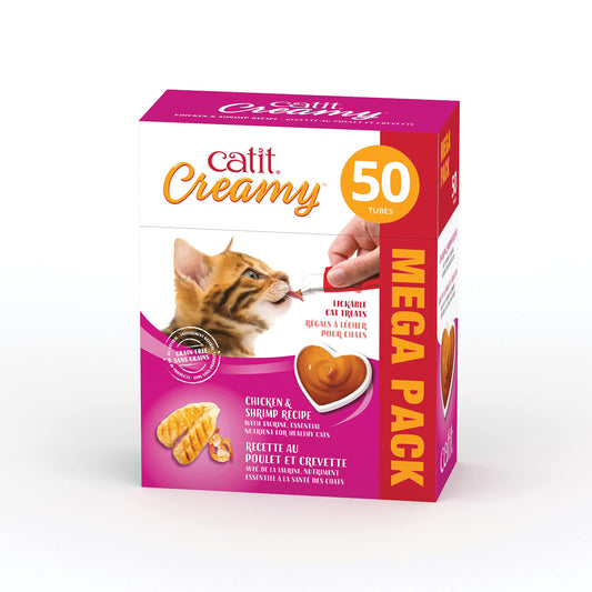 Catit Creamy Cat Treats Lickable, Chicken & Shrimp Flavor, 50 tubes, Mega Pack, Hand-Fed Lickable Cat Treats, Healthy & Hydrating, Made With Fresh Ingredients, Gaterie Pour Chat