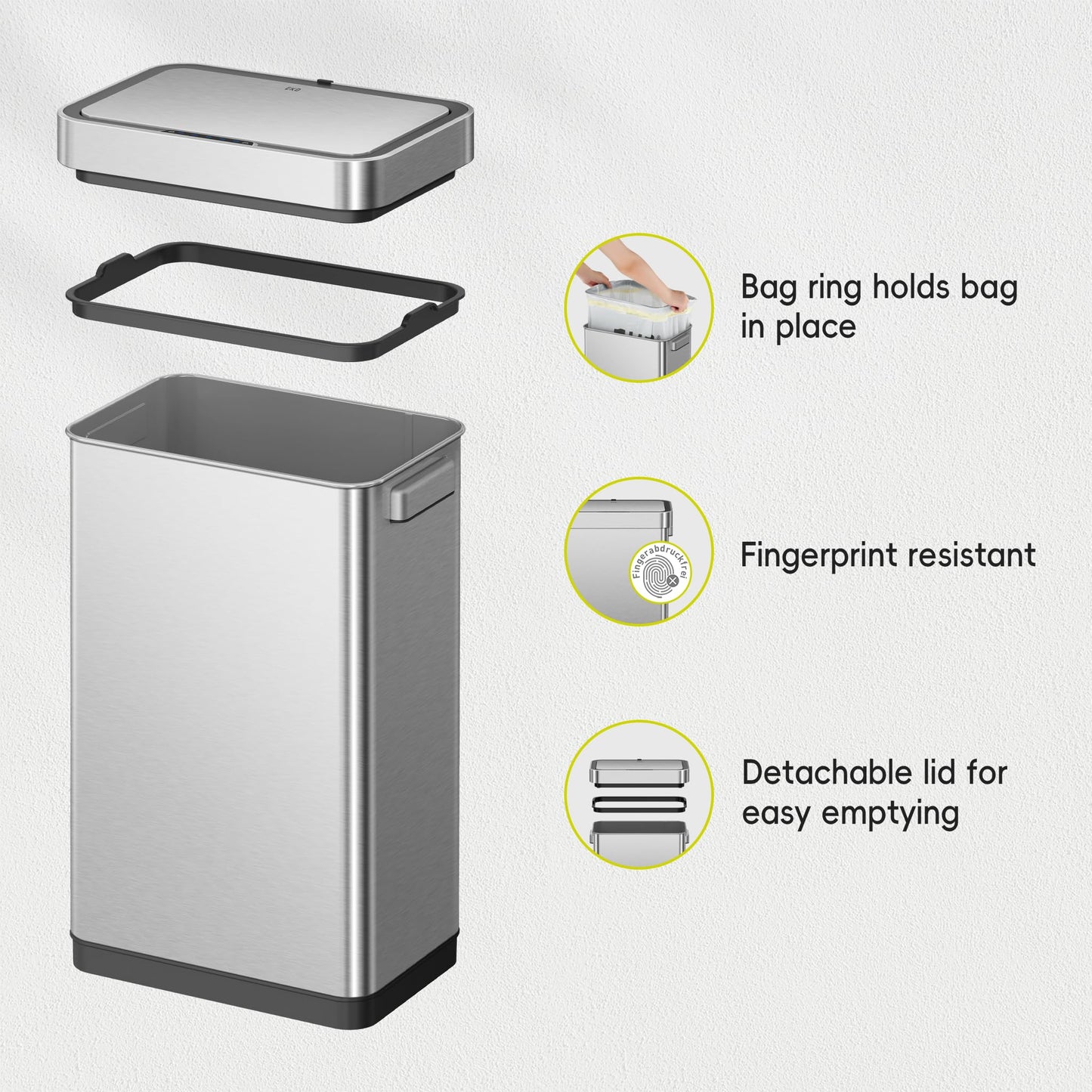 EKO Deluxe Mirage-T 50 Liter / 13.2 Gallon Touchless Rectangular Motion Sensor Trash Can, Matte Stainless Steel Finish 🍁 All In One Marketplace Canada