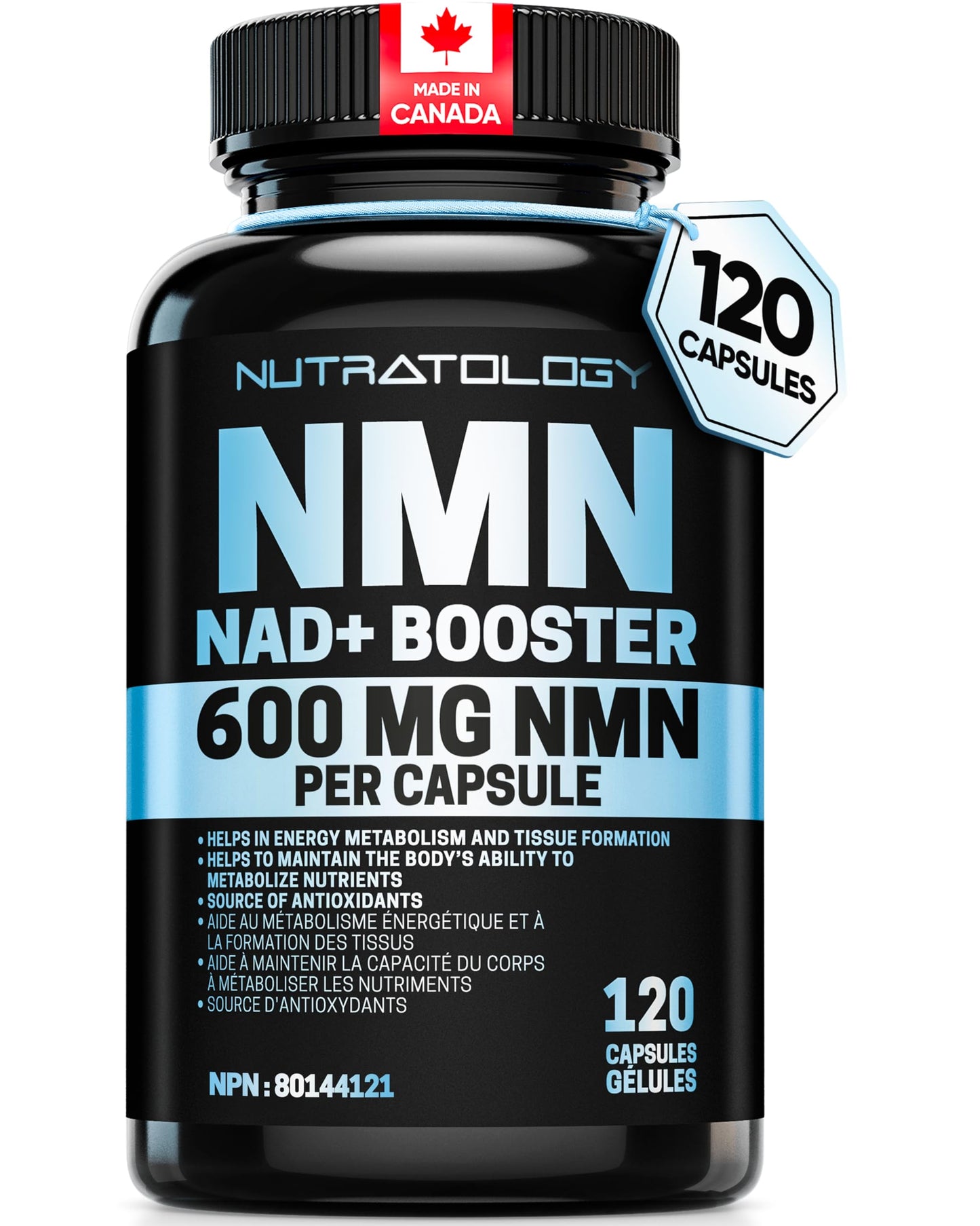 Nutratology® NMN Supplement - 1200 mg Per Serving - NAD+ Booster - Made In Canada - Premium 99% Purity - Protects Cellular Health & Supports Healthy Aging - 120 Capsules