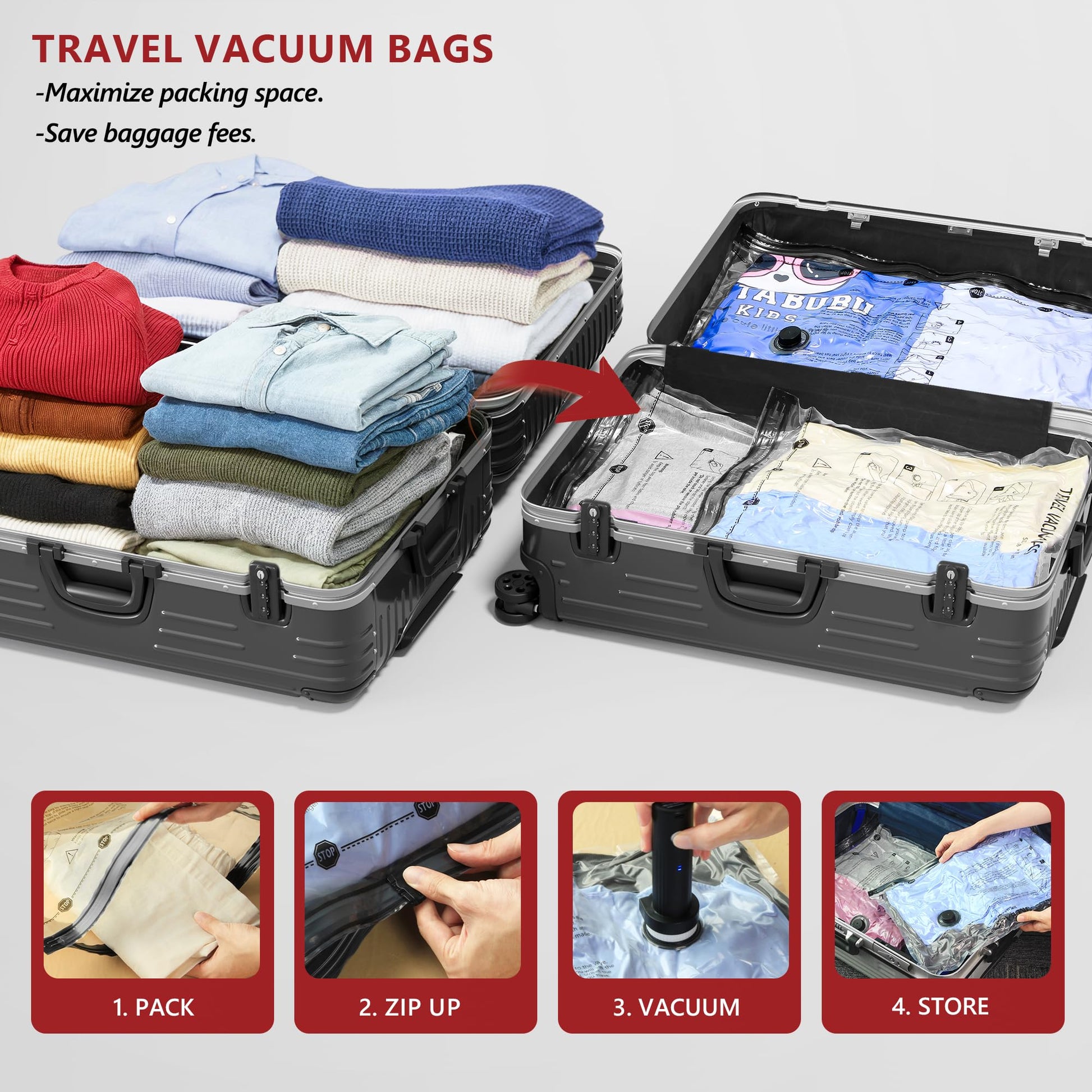 Travel Vacuum Bags for Clothing with Rechargeable Electric Pump, Compression Packing Cubes Organizer Storage for Luggage Suitcase, Space Saver Seal Bags for Vacation Cruise, 18 Combo - Available at All In One Marketplace Canada