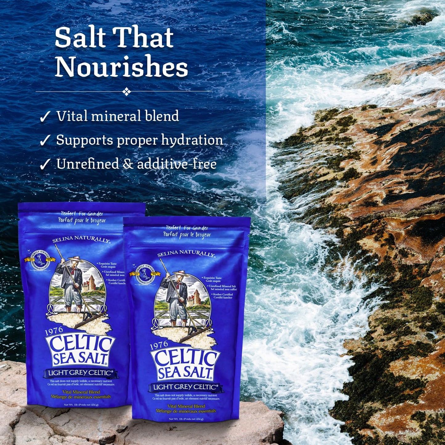 Light Grey Celtic Sea Salt – 1 Pound Resealable Bags (2 Count) | Pure, Hand-Harvested, No Additives