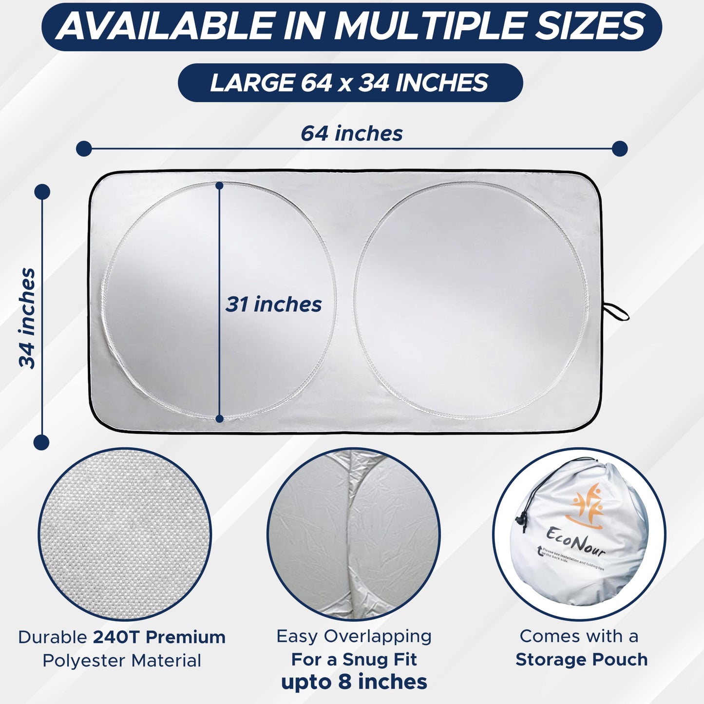 EcoNour Car Windshield Sun Shade with Storage Pouch | Durable 240T Material Car Sun Visor for UV Rays, Sun Heat Protection | Car Interior Accessories for Sun Heat | Medium Plus (64 inches x 34 inches)