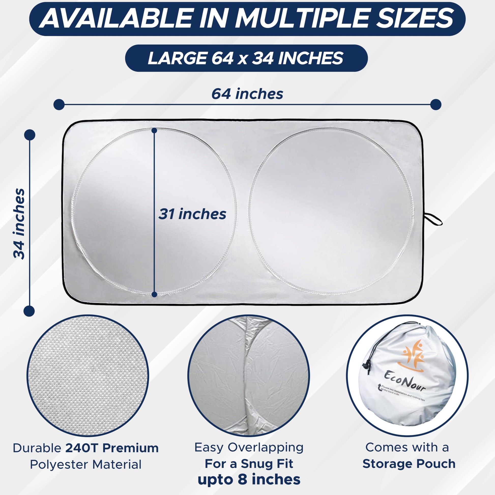 EcoNour Car Windshield Sun Shade with Storage Pouch | Durable 240T Material Car Sun Visor for UV Rays, Sun Heat Protection | Car Interior Accessories for Sun Heat | Medium Plus (64 inches x 34 inches)