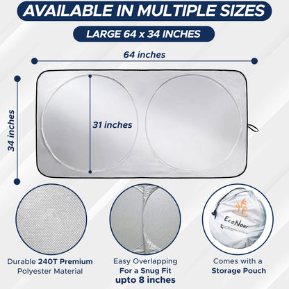 EcoNour Car Windshield Sun Shade with Storage Pouch | Durable 240T Material Car Sun Visor for UV Rays, Sun Heat Protection | Car Interior Accessories for Sun Heat | Medium Plus (64 inches x 34 inches)