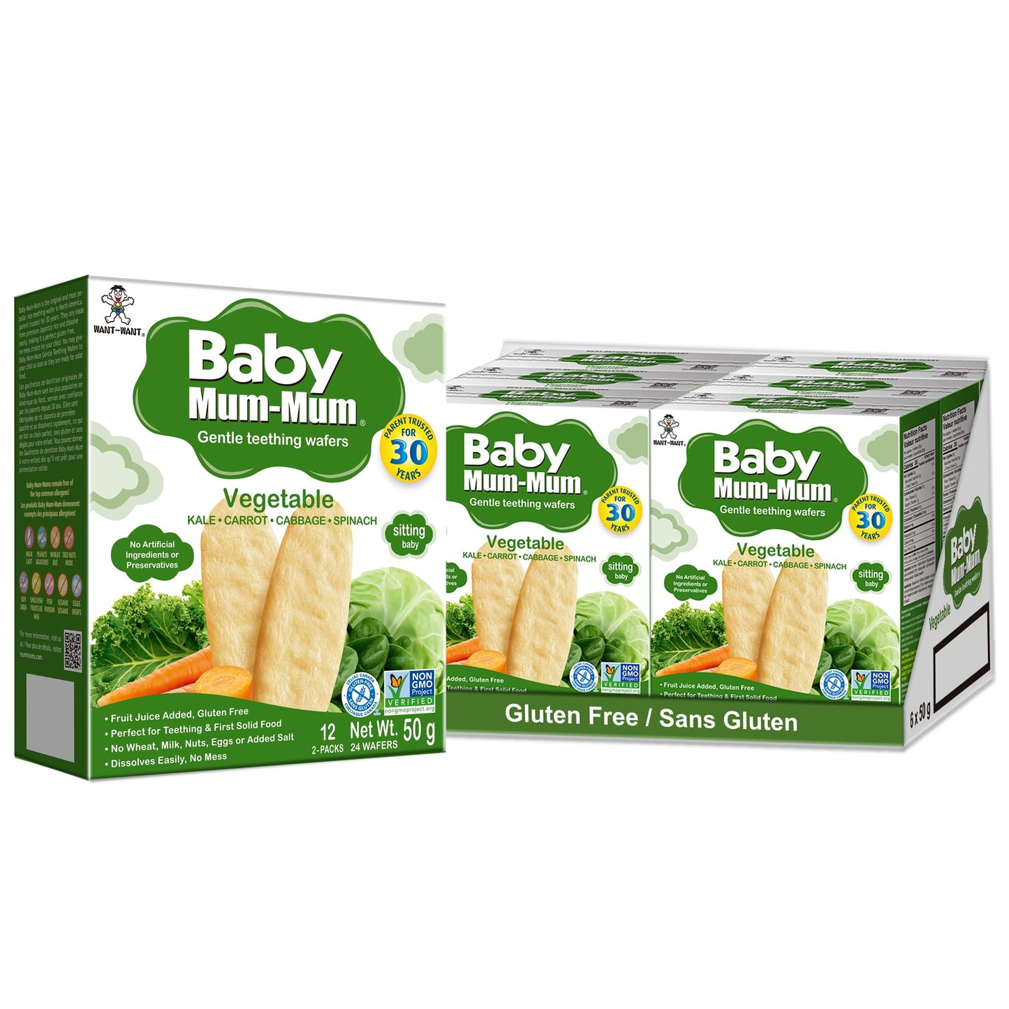 Want-Want Baby Mum-Mum Rice Rusks, Vegetable, Gluten Free, Allergen Free, Non-GMO, Rice Teether Cookie for Teething Infants, 50gms, 24 Rusks per box - Case pack of 6 🍁 All In One Marketplace Canada