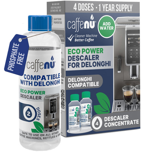 Delonghi Compatible Descaling Solution. 2 Bottles of Descaler Solution. Descaling Kit Removes Limescale For Hotter Coffee. 4 Uses Descaler For Delonghi Coffee Machines. - Available at All In One Marketplace Canada