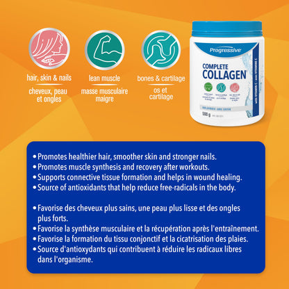 Progressive Complete Collagen Unflavoured, Canadian-Made, for Healthier Hair, Skin, Nails and Joints. Grass-Fed Non-GMO with Antioxidants, Hydrolyzed with Vitamin C for Best Absorption, 500 g Progressive
