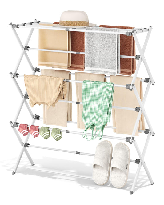 APEXCHASER Clothes Drying Rack, Expandable Drying Rack Clothes, Collapsible 3 Tiers Foldable Laundry Rack Indoor, for Baby Clothe Towels Bibs, White, 37.6inch - Available at All In One Marketplace Canada