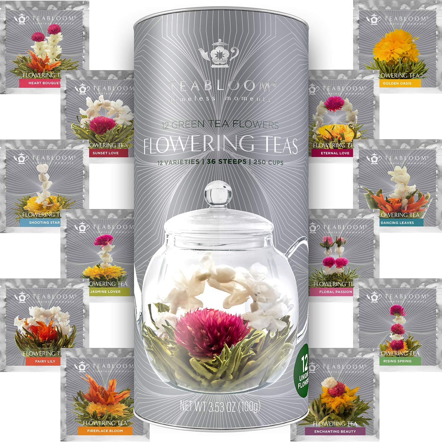 Teabloom Flowering Tea Gift Set - 12 Hand-Tied Blooming Tea Varieties - Green Tea with Edible Flowers - Premium Gift Canister - 36 Infusions, Up to 250 Cups