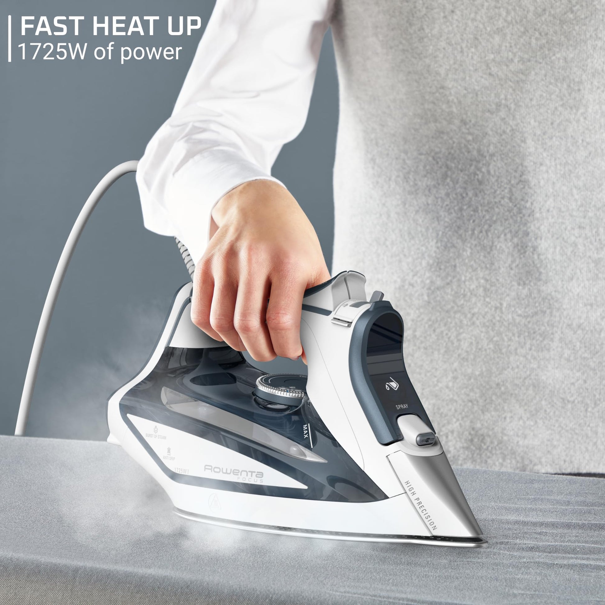 Rowenta Focus Excel Steam Iron for Clothes, Anti-Drip Protection, Iron Steamer for Clothes, 1725 Watts, DW5280, Grey Rowenta