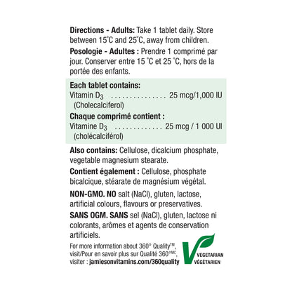 Jamieson Vitamin D3 1,000 IU Tablets, Supports Immune Health, Strong Bones, and Teeth, Enhances Calcium and Phosphorus Absorption. Vegetarian, Non-GMO, Gluten-Free, One Per Day, 500 Count, Proudly Canadian