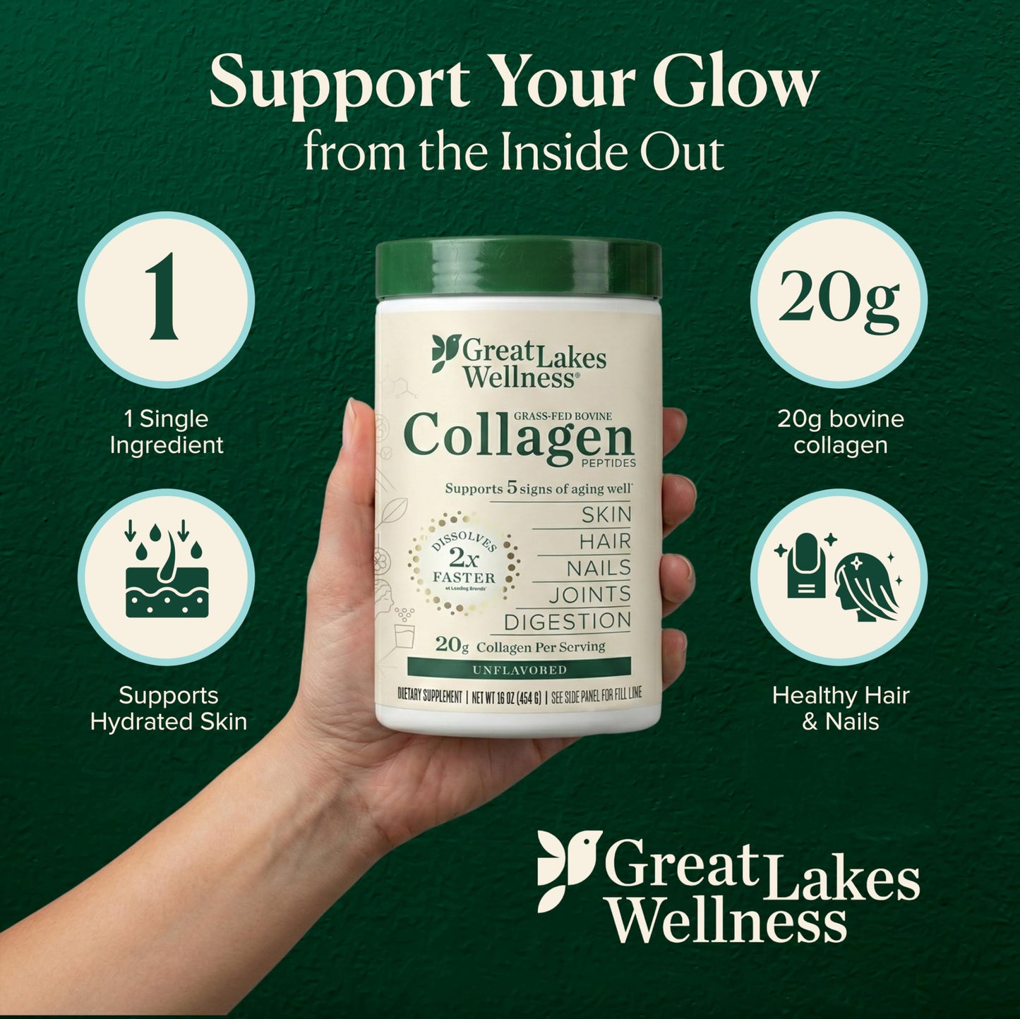 Great Lakes Wellness Grass-Fed Collagen Peptides - Unflavored Hydrolyzed Powder, Non-GMO, Hormone & Antibiotic Free - 454g