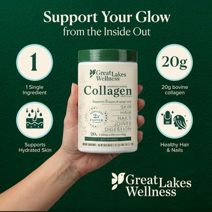 Great Lakes Wellness Grass-Fed Collagen Peptides - Unflavored Hydrolyzed Powder, Non-GMO, Hormone & Antibiotic Free - 454g