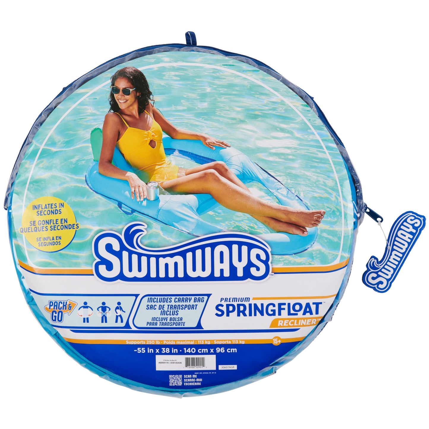 SwimWays Spring Float Premium Recliner Pool Lounger, Inflatable Pool Floats Adult with Fast Inflation for Ages 15 & Up, Sky Blue