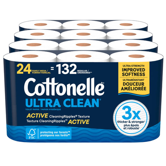 Cottonelle Toilet Paper, 24 Family Mega Rolls = 132 Regular Rolls (4 Packs of 6), Ultra Clean, Strong Bathroom Tissue, 353 Sheets per Roll, Packaging May Vary