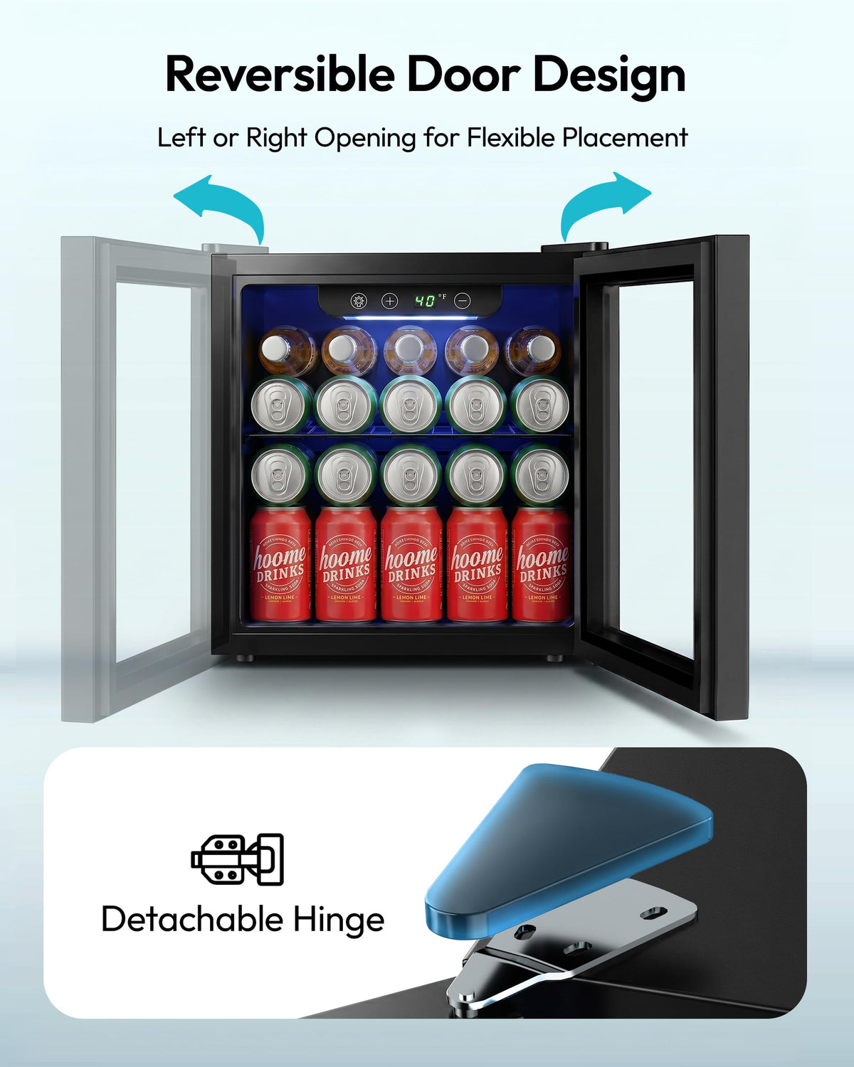 EUHOMY 48 Cans Beverage Refrigerator cooler-Mini Fridge Glass Door for Beer Drinks Wines, Countertop Beverage Fridge with Adjustable Shelves Blue LED for Home/Office/Dorm/Bar, 1.3 cu.ft