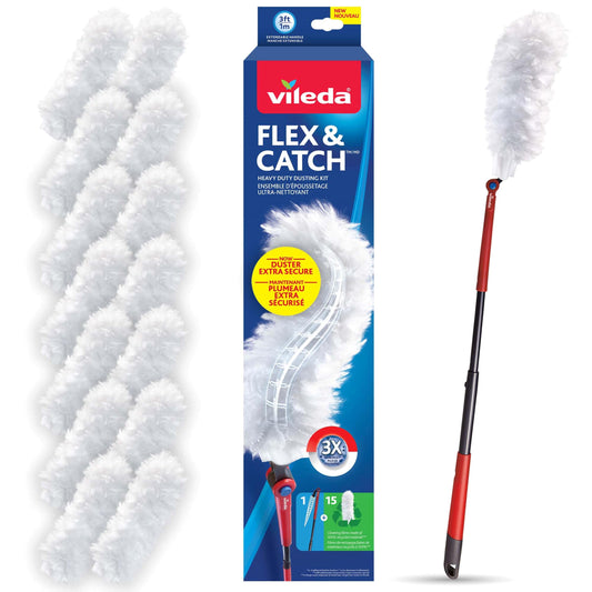 Vileda Duster | Flex & Catch Heavy Duty Dusting Kit with 15 Disposable Duster Refills | Extendable 3 Ft Handle with Secure Hook | Traps 3X More Dust Than Feather Dusters - Available at All In One Marketplace Canada