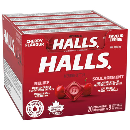 Halls, Cherry Flavour Cough Drops, Throat Lozenges, 20 Packs