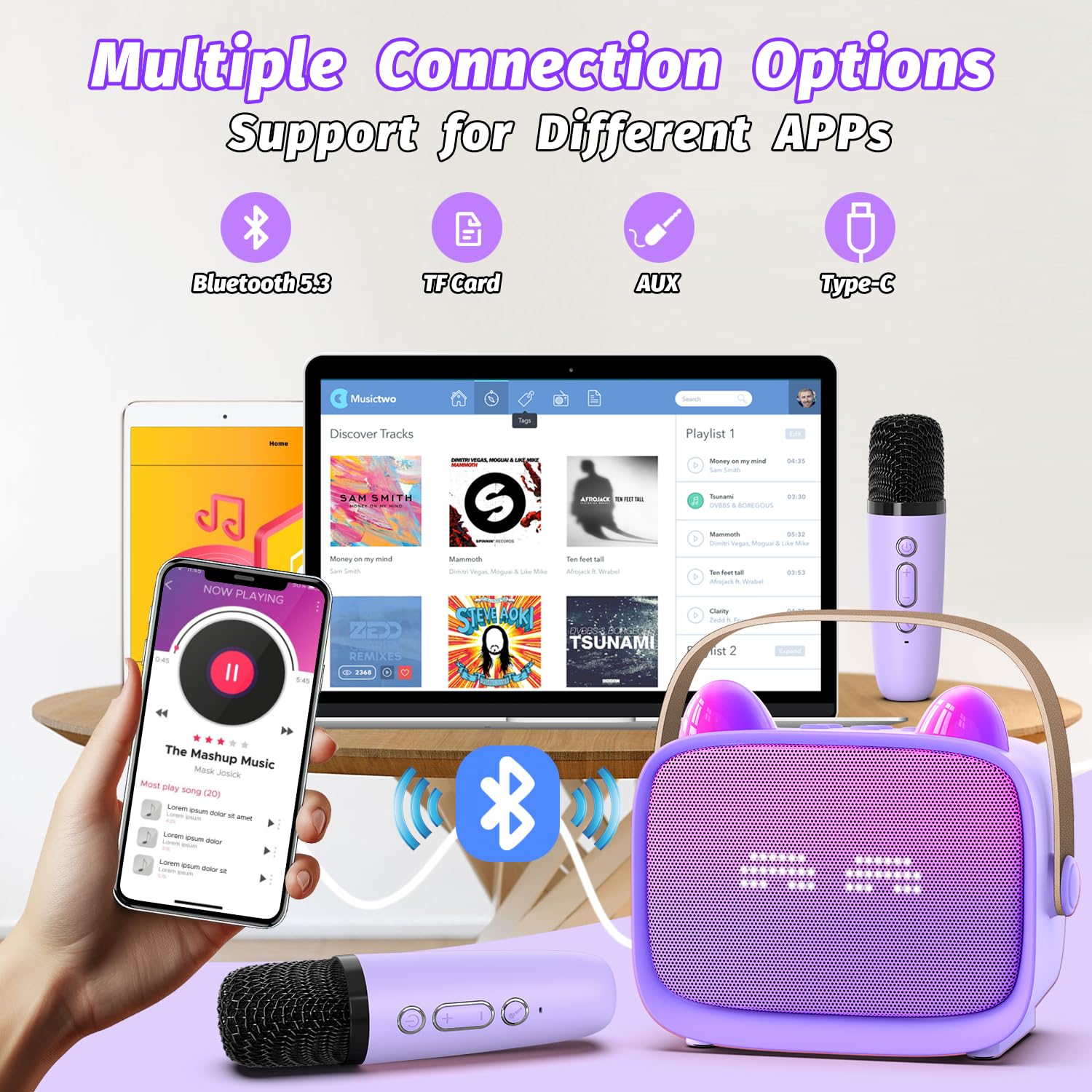 Mini Karaoke Machine Toys Gifts, Kids Portable Bluetooth Speaker with 2 Wireless Microphone and LED, Christmas Birthday Gift Idea for Girls Boys 3-12 + Year Old, Noisemaker Toys for Party (Purple)