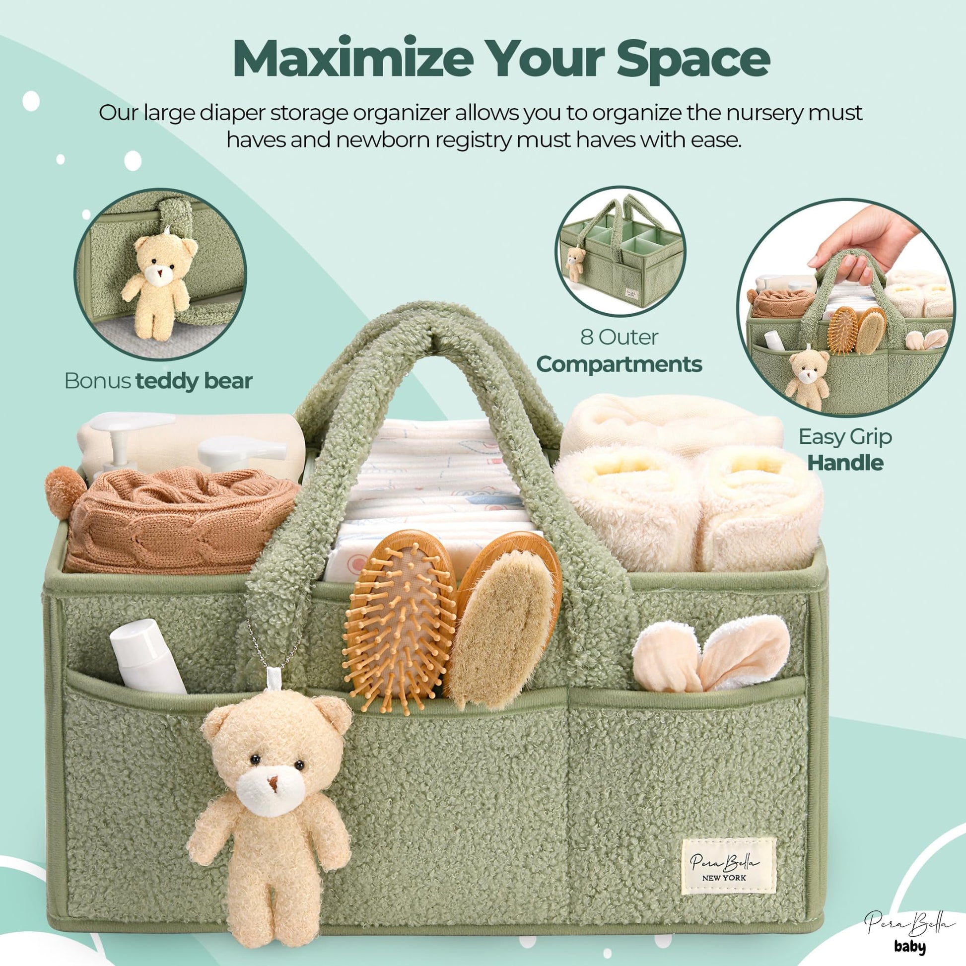 PeraBella Baby Diaper Caddy Organizer, Baby Organizers and Storage for Changing Table, Babies Shower Gift Basket for Boy &Girl, Nursery Essentials Car Caddy Organizer with Handle, Green Diaper Basket
